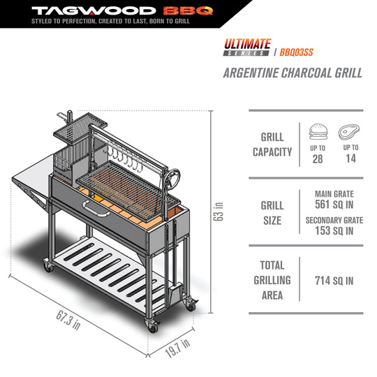 Tagwood BBQ - Freestanding Charcoal Argentine all SS with 6" casters - BBQ03SS